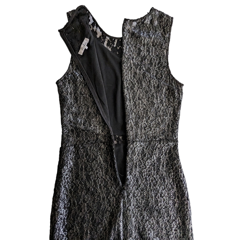 Parker Gunmetal Gray Metallic Lace Illusion Sheath Dress Size Large - Picture 9 of 11